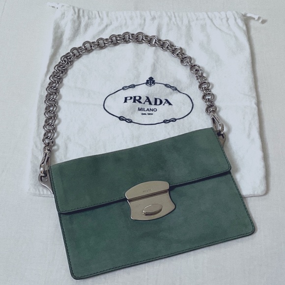 PRADA Camoscio Suede Metal Sound Bag Green - Picture 1 of 15